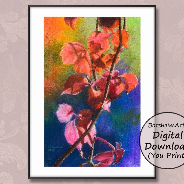 Vibrant Red leaves painting printable wall art, Colorful nature print red Virginia Creeper vine pastel drawing download color art home decor