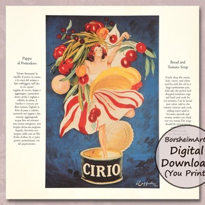 Cartel vintage tomates Cirio sopa de tomate receta impresión, publicidad de comida italiana retro arte de pared imprimible como regalo de cocinero anuncio de ilustración de Italia
