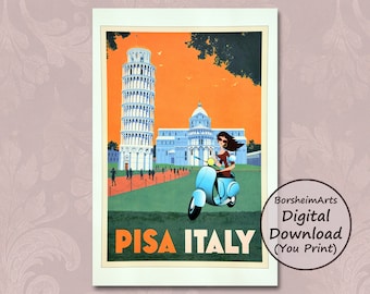 Mädchen auf Vespa Pisa Italien Reiseplakat Vintage Roller lehnender Turm Vintage Vespa Plakat druckbare Retro- italienische Stadt Werbung Druckkunst