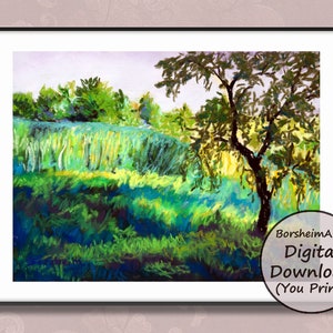 Tuscan olive tree landscape painting printable from pastel artwork, Tuscany Italy green fields farm art, gift print 4 Italian nature lovers