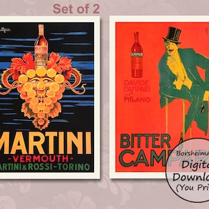 Vintage Drinking Posters Set de 2, impresiones de alcohol italiano, cartel de cócteles de la década de 1920 arte de pared retro digital imprimible, bar en casa Roaring Twenties