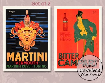 Vintage Drinking Posters Set of 2, Italian alcohol prints, Poster 1920s wall art Retro digital printable for home bar Roaring Twenties decor