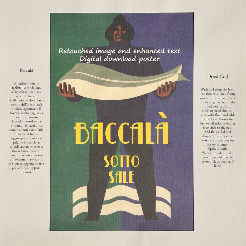 Baccalà cod fish vintage poster Italian seafood digital print, retro Fisherman Italy food advertisement kitchen wall art gift, square poster image 2