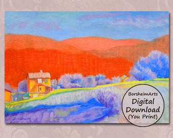 Orange Tuscan Hills pastel painting print, Surreal landscape art in orange blue Yellow green colors of Tuscany, Italy artwork printable gift