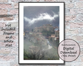 Tuscany Italy landscape photography, Medieval village photo, Italian old stone houses in clouds printable, rustic Tuscan landscape wall art