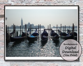 TWO Venice Italy Gondola photos, Grand Canal gondolas photograph download printables, color AND black & white gift Venetian boat photography