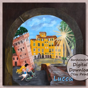 Postkarte von Lucca Italien Sehenswürdigkeiten, Quadratisches Gemälde zum Ausdrucken, Download Italienisches Reiseposter Torbogenwandkunst Toskanisches Paar auf dem Fahrrad