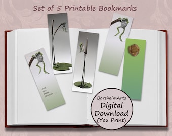 Frogs Printable Bookmarks Set of 5, Frog Bookmark Set of FIVE Stocking stuffer Last minute gift, Digital bookmarks Cattails & Frog Legs art