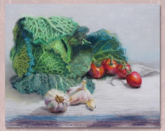 Wydruk obrazu żywności, Kapusta, Jarmuż, Pomidory i Czosnek. Martwa natura, pastelowe malowanie do pobrania cyfrowego.