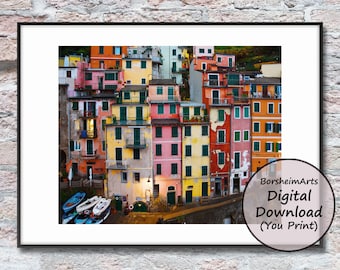 Cinque Terre colorful buildings photograph, Riomaggiore houses Italian Riviera Liguria cliff homes, Large printable photo with fishing boats