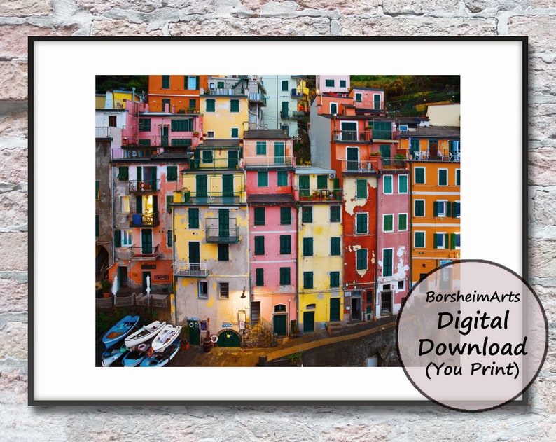 Cinque Terre colorful buildings photograph, Riomaggiore houses Italian Riviera Liguria cliff homes, Large printable photo with fishing boats image 1