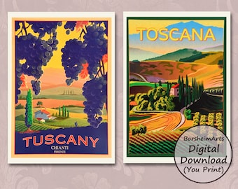 Vintage Posters Tuscany Set of 2 wall art prints, 1960 Italy travel poster, Wine Country home decor Gift, Italian landscape Digital download