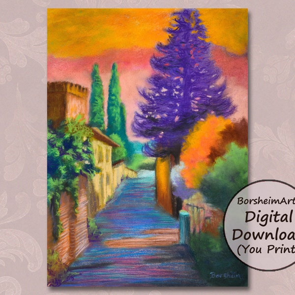 Colorful Tuscan Road Pastel Painting Purple Tree Art, Cypress Trees in rural country lane Tuscany Italy print of Italian landscape drawing
