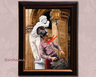 Original Painting of Two Street Performers, Wood Frame, Buskers in Florence Italy wall art 2 Male Artists Small mime clowns painting 16 x 12