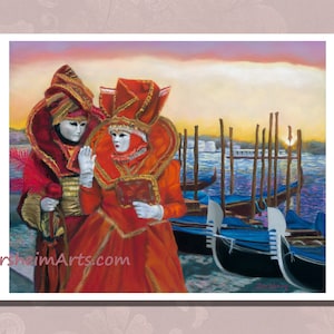 Colorful Venice Italy print Carnival costume art Venetian gondola wall art prints, Grand Canal couple art sunrise Italy fine art metal print image 1