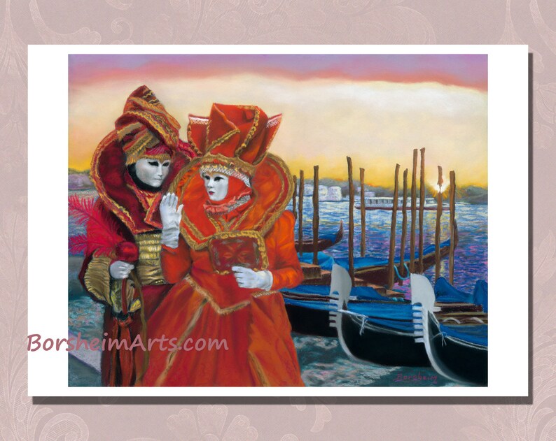 Colorful Venice Italy print Carnival costume art Venetian gondola wall art prints, Grand Canal couple art sunrise Italy fine art metal print image 1