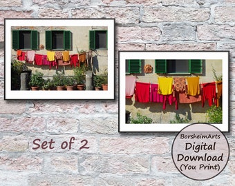 Halloween decor Hanging laundry photograph Set of 2 autumn images fall colors washing on the line Italian clothesline wash printable digital