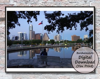 Austin Texas skyline foto Auditorium Shores urban fotografi digital nedladdning för utskrifter, kontorsväggkonst gåva BorsheimArts