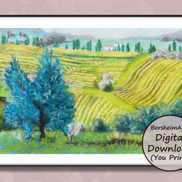 Italian vineyard printable Teal Yellow fields of gold Tuscan art downloads, print from Tuscany pastel painting of vineyards and olive trees