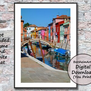 Photo du canal de Murano en Italie, photographie de Venise, téléchargement d'art du pont de l'île, bâtiments colorés, reflets de l'eau, cadeau numérique de bateaux italiens