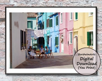 Italian Women Working Venice clothesline photo, Hanging laundry wall art Italy printable photograph, Murano colorful buildings wash line art