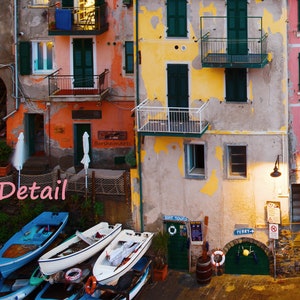 Cinque Terre colorful buildings photograph, Riomaggiore houses Italian Riviera Liguria cliff homes, Large printable photo with fishing boats image 6