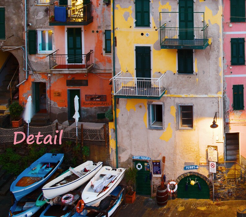 Cinque Terre colorful buildings photograph, Riomaggiore houses Italian Riviera Liguria cliff homes, Large printable photo with fishing boats image 6