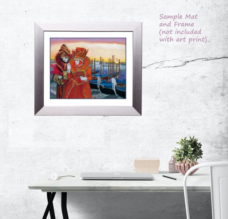 Colorful Venice Italy print Carnival costume art Venetian gondola wall art prints, Grand Canal couple art sunrise Italy fine art metal print image 2