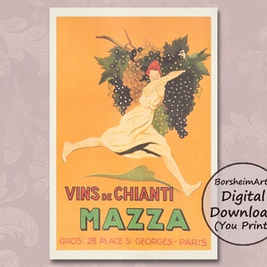 Vintage französische Wein Plakat Mazza Chianti Paris Alkohol Werbung Aperitif Wein Illustration glücklich gelbe Bar Wand Kunst Plakat Frau Trauben
