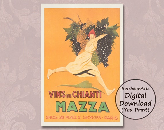 Vintage French Wine Poster Mazza Chianti Paris Alcohol Advertising