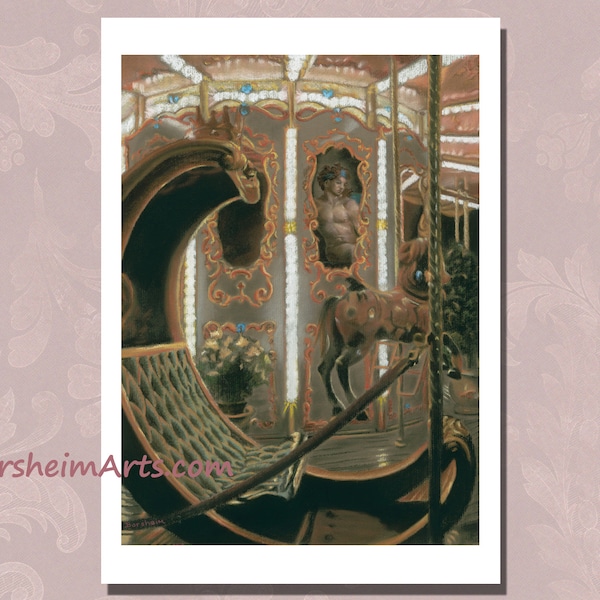 Florence Italy carousel wall art print from pastel drawing of Italian merry-go-round by Borsheim, Giostra merry go round pony carriage Italy