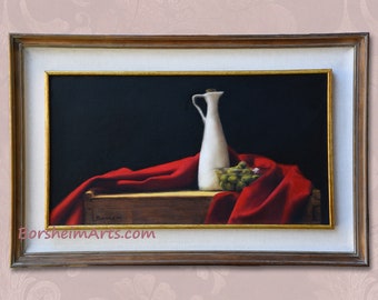 Olives and Olive Oil Painting w/ Frame, Still life food painting, Original framed art from Tuscany, Italy inspired artwork with red cloth