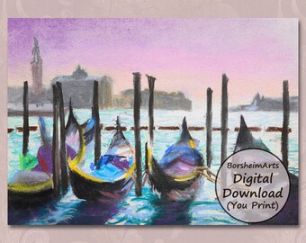 Gondolas along Grand Canal Venice pastel painting printable art Gondola View from Piazza San Marco Italy, digital download Venice Lover Gift