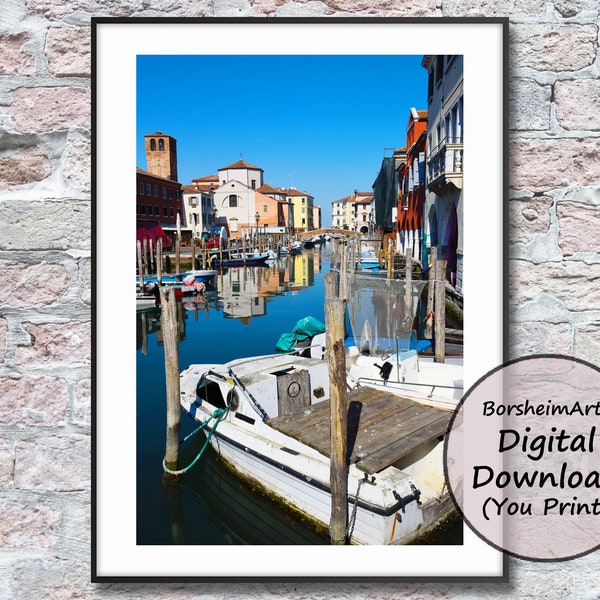 Boat picture Little Venice Canal photograph Colorful Buildings water reflections Chioggia Italy canal photo gift man Italian fishing boats