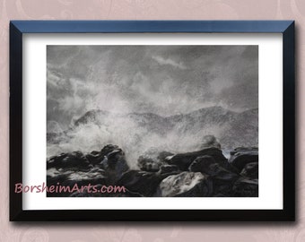 Splash original charcoal drawing framed art Crashing waves Cinque Terre Italy large black n white artwork Seascape rocks sea beach house art