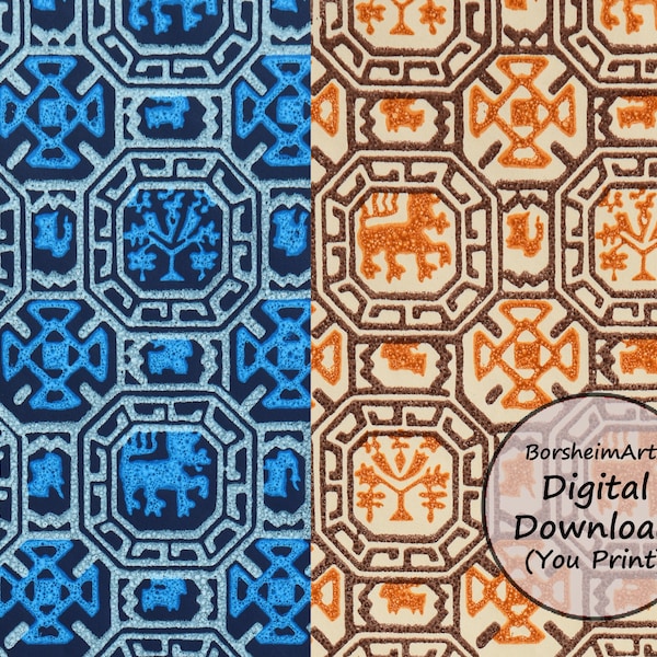 Italienisches Vintage-Papier altes Symbol geometrisches Design digitales Papier Blau / Braun orange Geschenkpapier altes italienisches Mittelalter-Dekorpapier