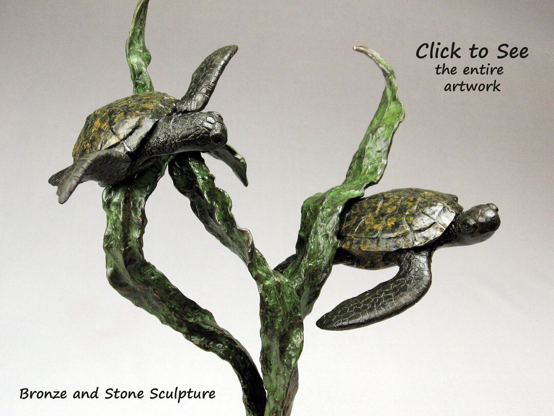 Bronze Sea Turtle Sculpture W/ Stone Artwork, Pair of Turtles Swimming in Kelp With Limestone