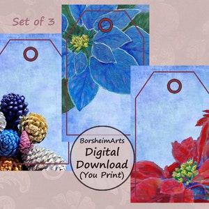 May include: Set of three printable gift tags featuring blue and red poinsettia flowers with a watercolor background. The tags have a hole for string or ribbon. The text "Set of 3" and "BorsheimArts Digital Download (You Print)" is included on the tags.