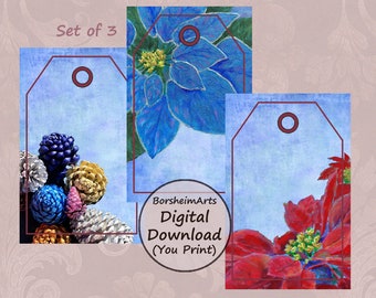 Printable Christmas Gift Tags, 3 Designs Poinsettia art Painted Pine Cones, Blue background, Last Minute download Gifting decoration tag set