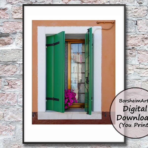 Italy window photograph download, Vintage Venetian green shutters photo, Rustic Window wall art print Venice printable, Italian house Murano