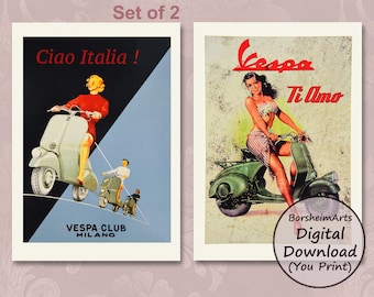 Vintage Posters Vespa wall art, Italian Scooter Set of 2, Italy Printable poster pair 1940s, Vespa travel poster Gift, Wasp Digital download