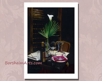 Italian Wine table setting print of dark pastel drawing Still life art with wine glasses & Calla lily Restaurant decor artwork Romantic gift