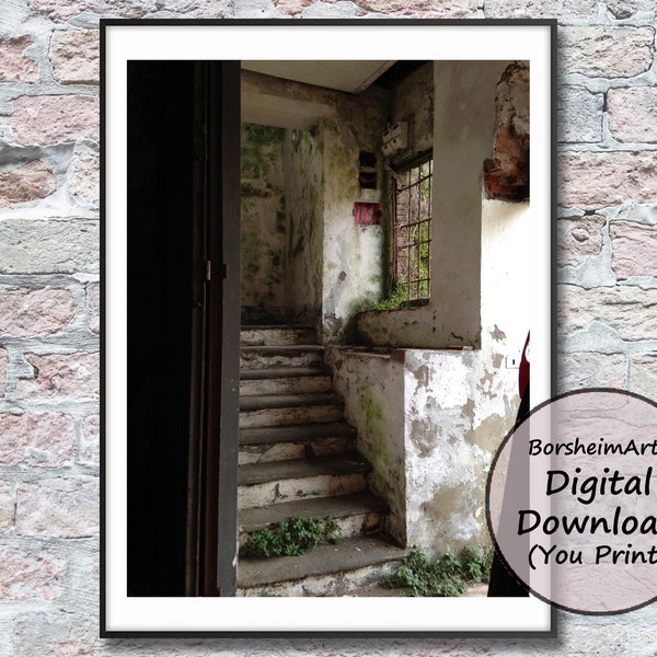 Urban decay photo of old stairs corridor, Abandoned Building, Staircase Color Photography Urbex industrial modern ruin print Tuscany Italy