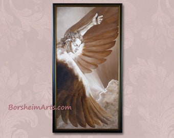 The Triumph of Icarus print from large vertical painting, Crete Greek mythology Framed artwork, Boy Flying with wings wall art, pilot gift