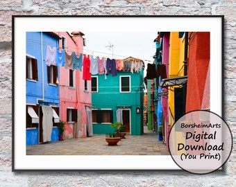 Art mural italien pour la lessive, maisons colorées, photo de buanderie suspendue, île de Burano, Venise, photographie d'étendage à linge, art mural imprimable