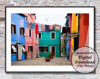 Italy laundry art Colorful houses Hanging laundry art photo, Island of Burano Venice Photography washing line clothesline wall art printable