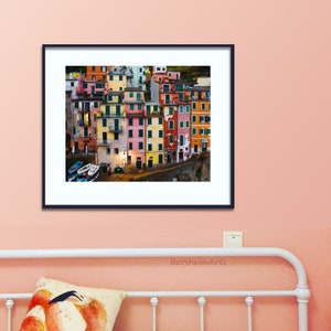 Cinque Terre colorful buildings photograph, Riomaggiore houses Italian Riviera Liguria cliff homes, Large printable photo with fishing boats image 4