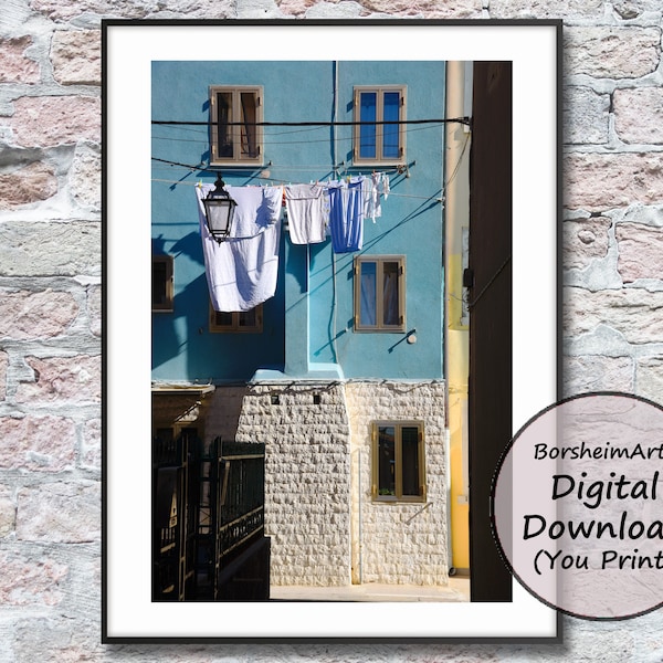 Hanging Laundry Photo Venice Italy blue yellow colorful houses printable wall art, wash on the line, travel photo Europe Clothesline Picture