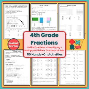 May include: Educational poster for 4th grade fractions, featuring unlike fractions, simplifying, multiplication, division, and fractions of sets. Includes hands-on activities and examples. The poster has the text "4th Grade Fractions" and "50 Hands-On Activities".