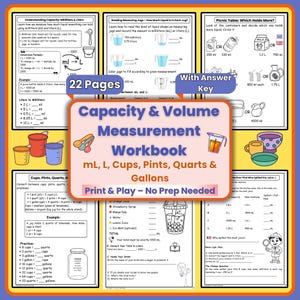 May include: A workbook titled "Capacity & Volume Measurement" with pages on measuring liquids in mL, L, cups, pints, quarts, and gallons. Includes diagrams, examples, and practice problems. The cover is orange and white.